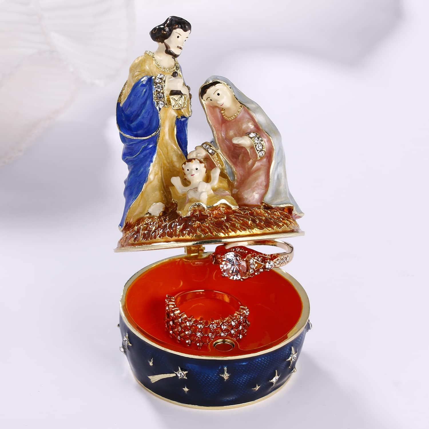 Hand Painted Enamel Christmas Holy Family Trinket Box, Hinged Jewelry Organizer Storage, Unique Home Decor Keepsake Collectible Figurine, Personalized Decoration Ornament Gifts (Blue Holy Family)