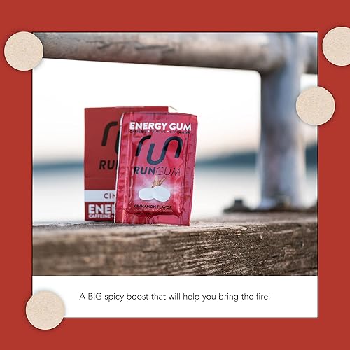 Miniatura 6 de RUN GUM Cinnamon Energy Gum 50mg Cafeína Taurina y Vitaminas B por pieza, 24 piezas (paquete de 12), 2 piezas  1 café o bebida energética, sin