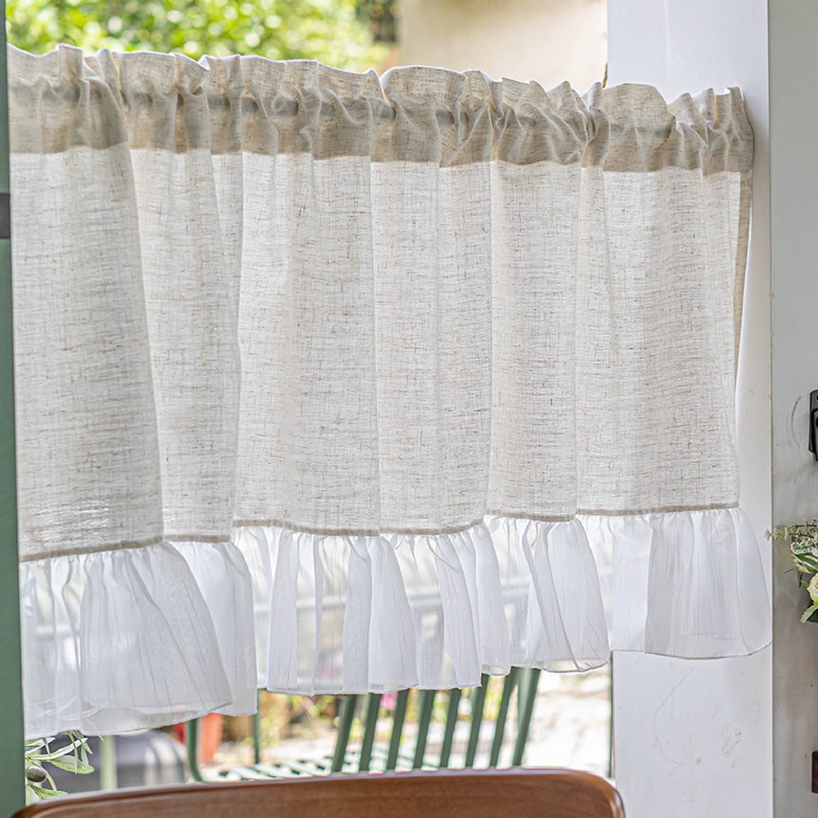 Petit rideau de fenêtre beige en coton et lin avec bordure en dentelle, voile blanc, demi-rideau de cuisine, bistrot, voilage moderne pour porte en verre
