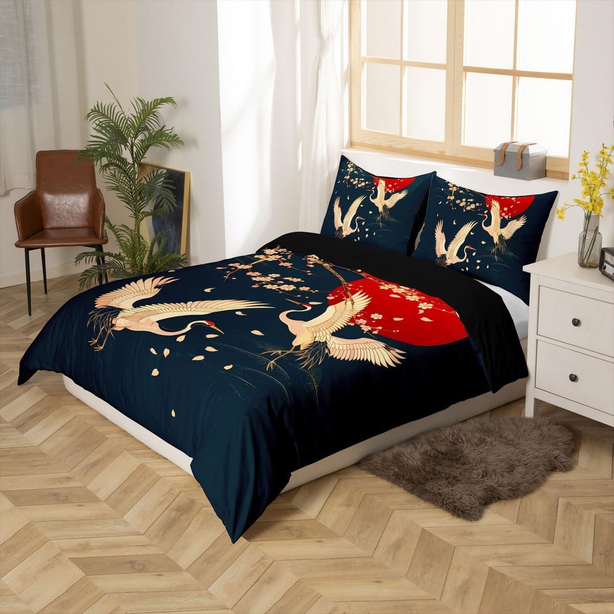 jejeloiu Japanese Duvet Cover Set Pink Cherry Blossom Bedding Set for Kids Boys Girls Crane Bird Comforter Cover Setting Sun Quilt Cover Bedroom Collection 2Pcs Toddler Size,No Comforter