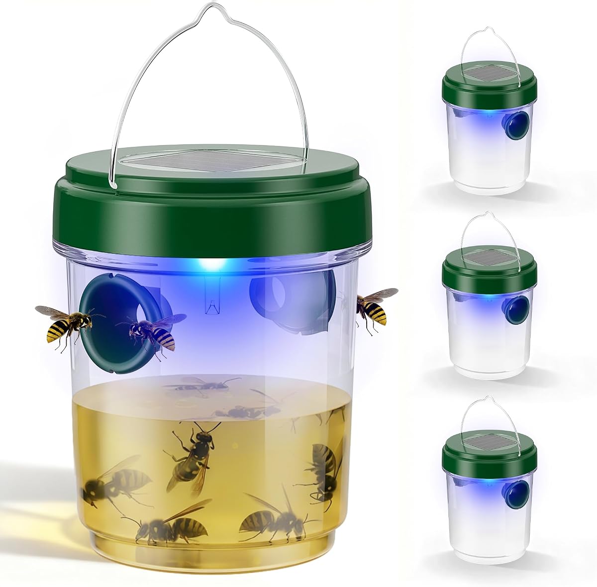 Wasp Trap Outdoor Hanging 4 Pack, Solar Powered Reusable Wasp & Yellow Jacket Trap with LED Light, Carpenter Bee Catcher for Patio, Backyard & Garden