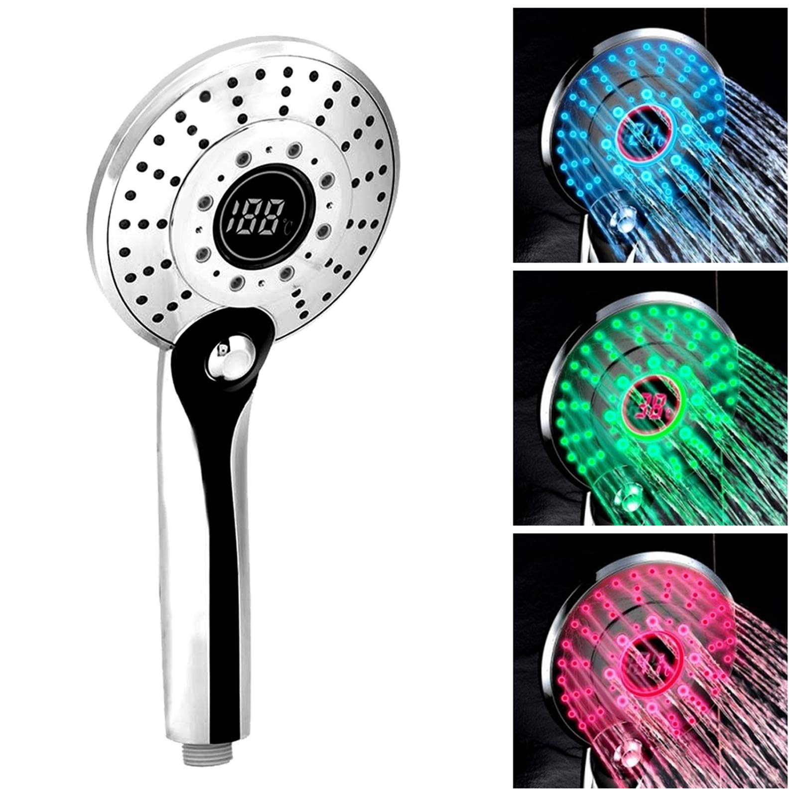 GuDoQi Soffione Doccia a LED, 3 Colori Controllo Della Temperatura Cambio Colore, 3 Mode Doccia Ammorbidisce l'acqua Dura, Display Digitale Della Temperatura, Grandi Dimensioni 13 cm