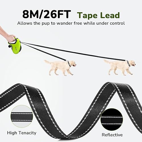 Miniatura 2 de Pecute Correa retráctil para perro de 26 pies con tiras reflectantes, sin enredos de 360, control de un botón y material de nailon resistente,