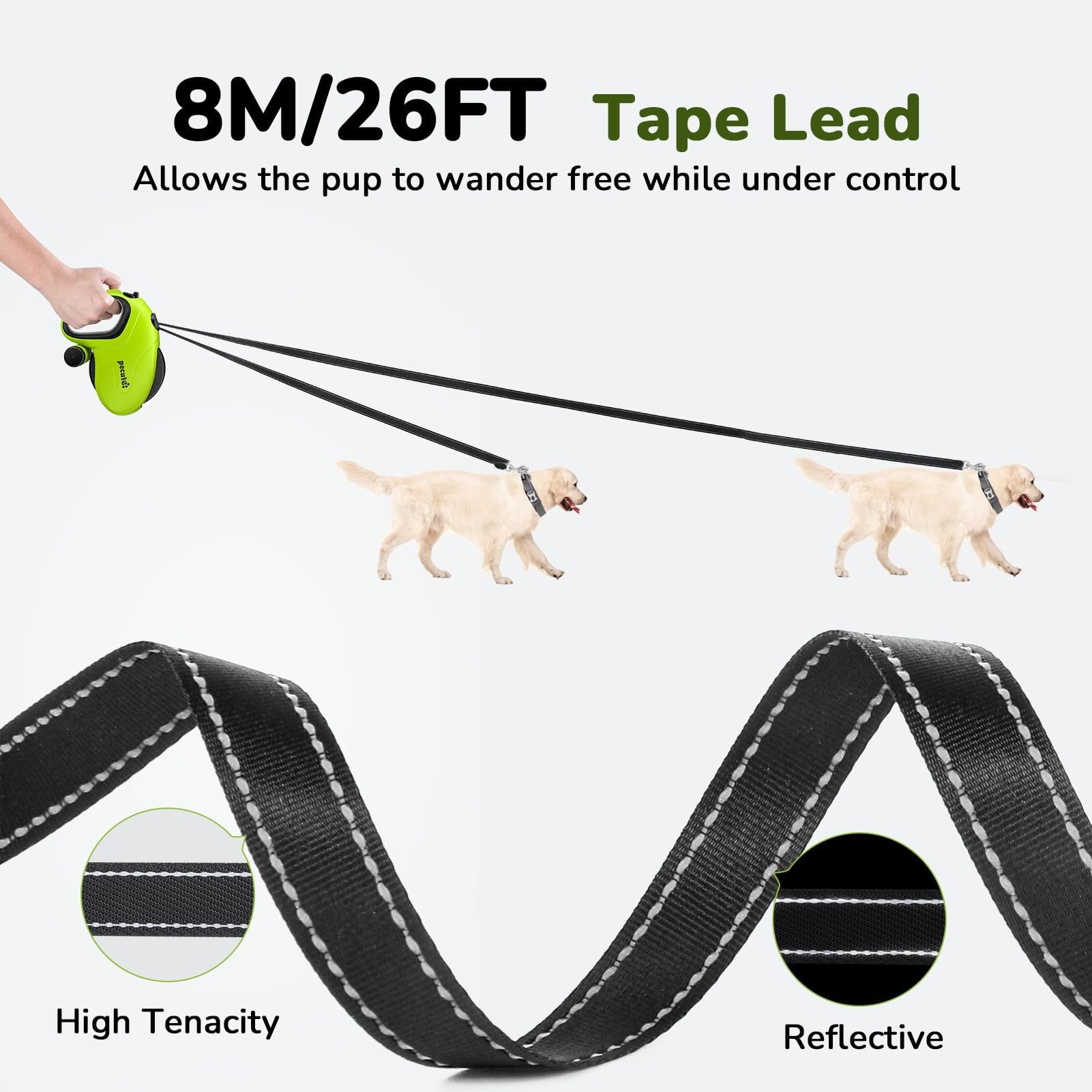 Guinzaglio Retrattile per Cani 8M, Controllo con un Solo Pulsante e Anti-groviglio, Guinzaglio in Nylon con Strisce Riflettenti, Impugnatura Ergonomica, per Cani di Taglia Media e Grande fino a 50 kg