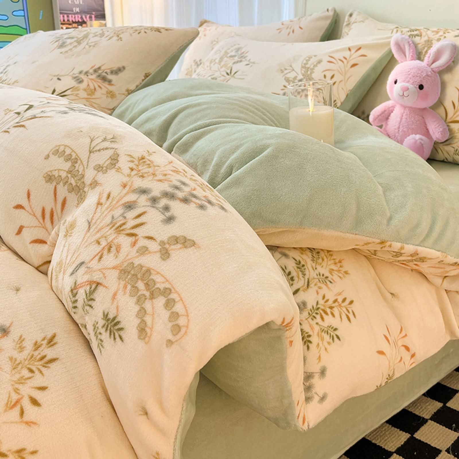 4-częściowy zestaw pościeli na łóżko 180 cm, poszwa na kołdrę 200 x 230 cm, prześcieradło z gumką 180 x 200 cm, 2 poszewki na poduszki, wzór pszenicy, miękki aksamit, beżowo-zielony
