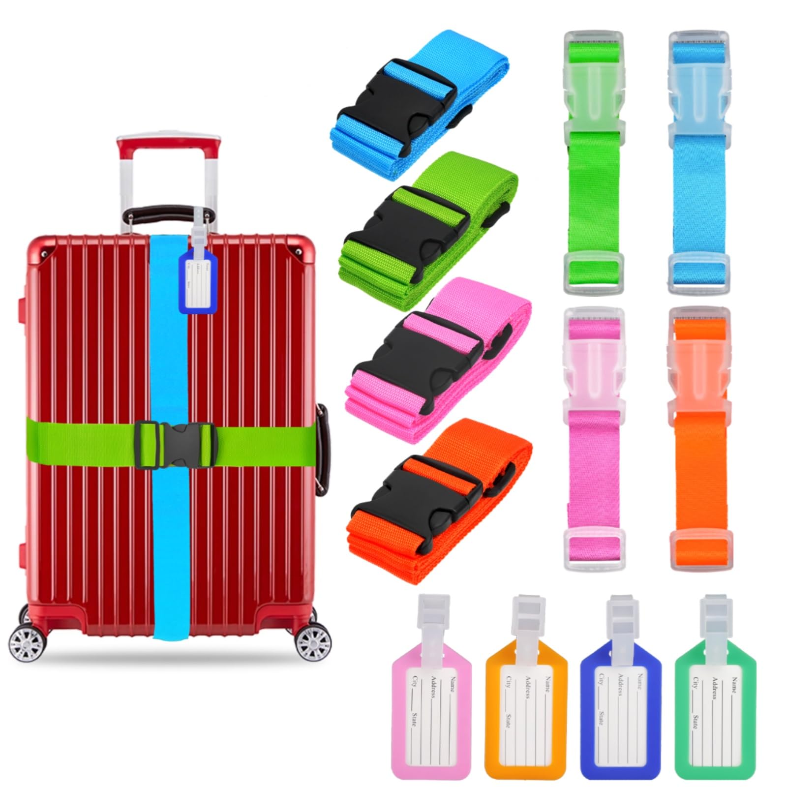 12 Pack Luggage Straps, Tags and Handle Wraps Set for Suitcases, TSA Approved Adjustable Suitcase Belts with Buckle Closure, Luggage Belt Travel Accessories for Suitcase Briefcase Travel Bag