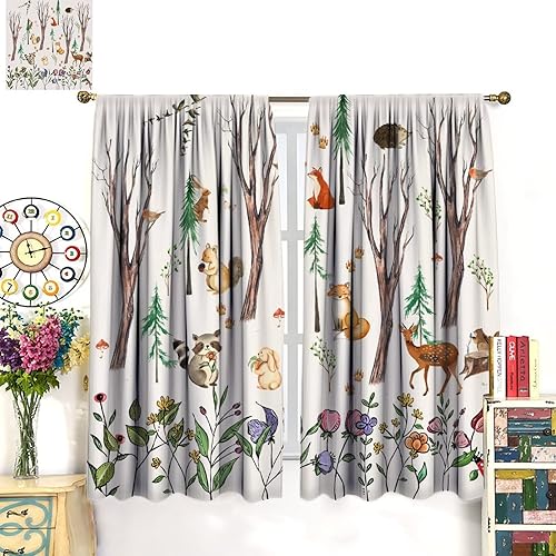 Miniatura 8 de SENRUEGT Cortinas de animales del bosque para niños, tratamientos de ventana de dibujos animados de acuarela, lindo animal floral niña pequeña,
