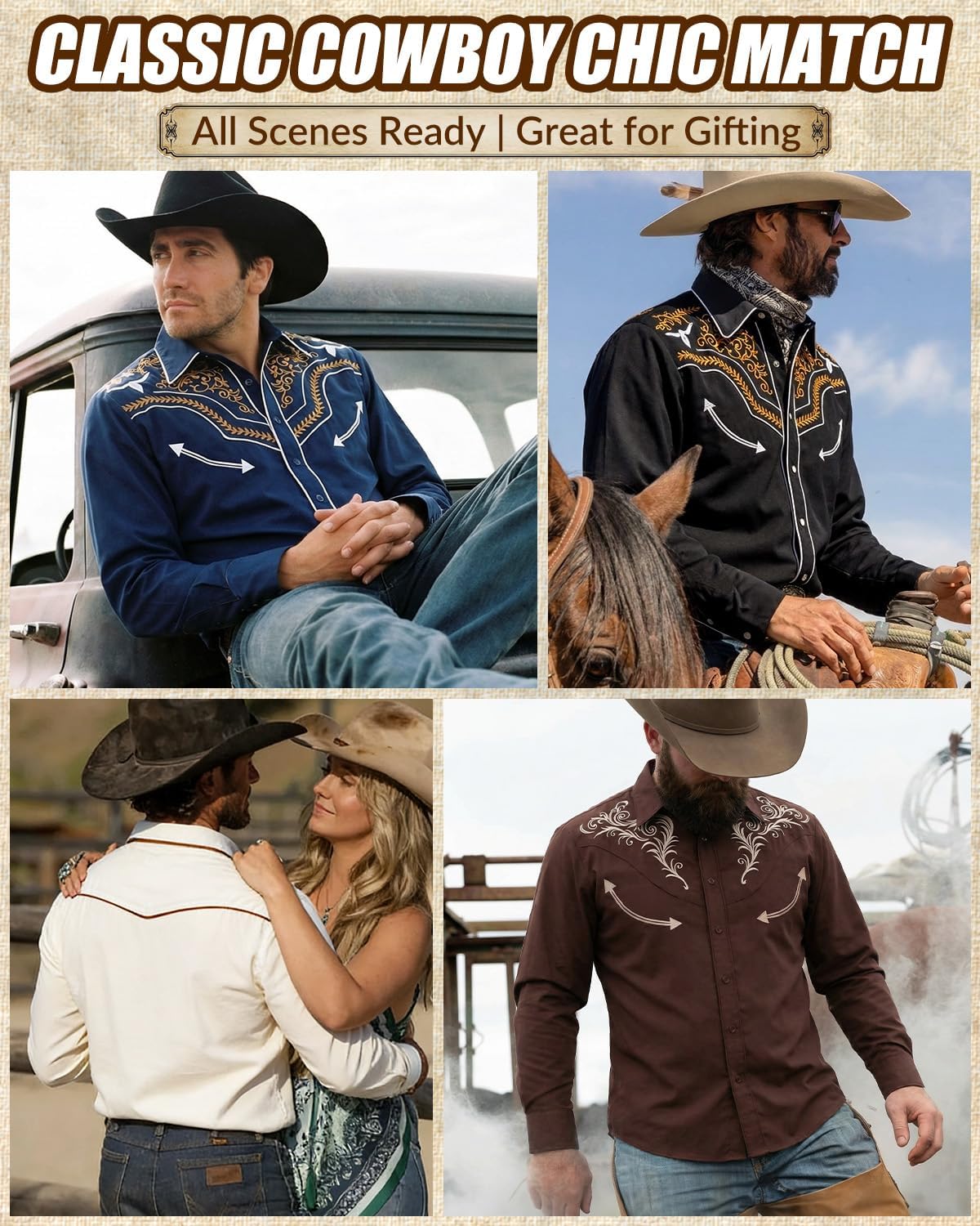 BELTROAD Western Cowboy Shirts for Men Long Sleeve Embroidered Country Button Down Casual Shirt Western Cowboy Shirt Gift