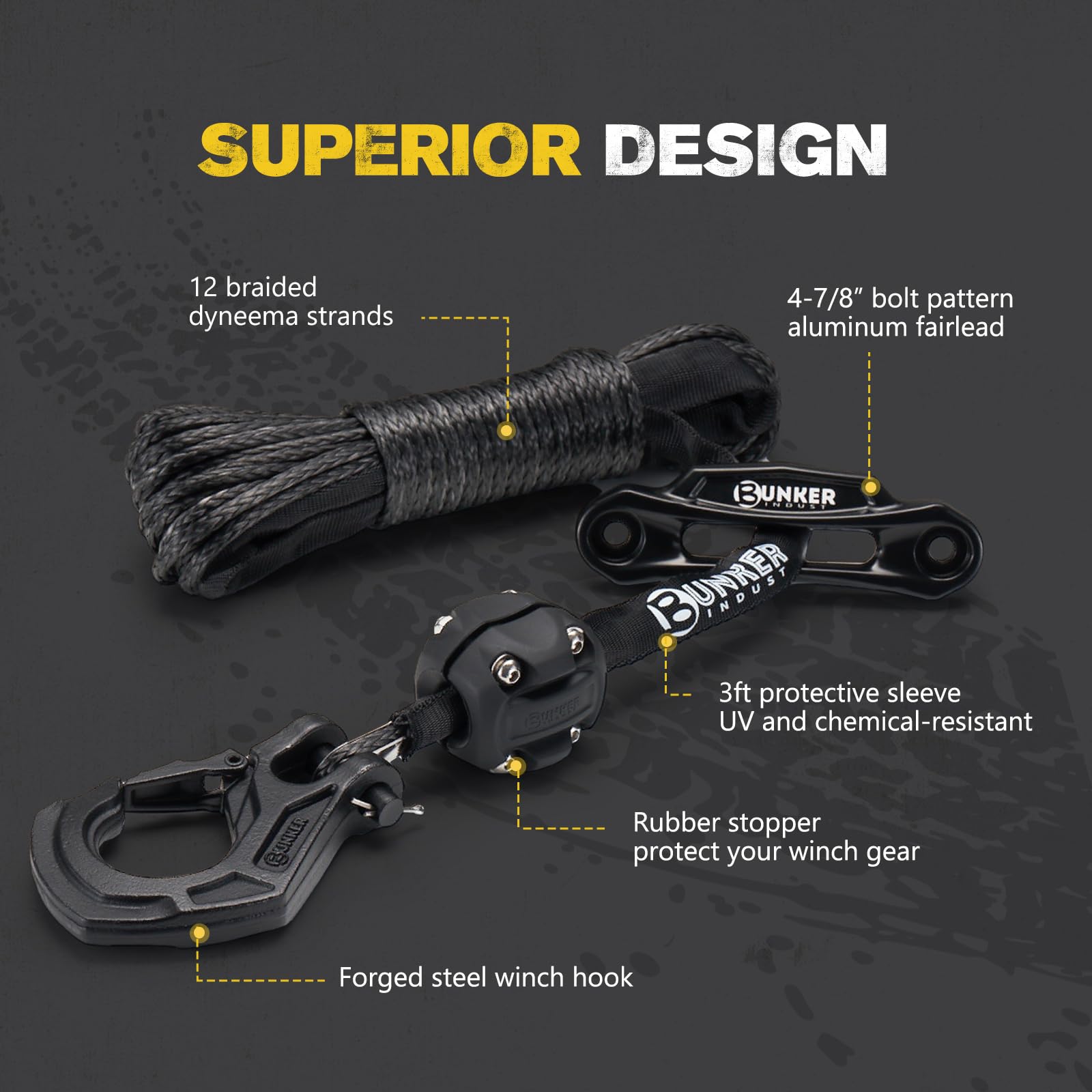 BUNKER INDUST Synthetisches Seilwindenseil-Set, 1,9 cm x 15,7 m, 3,719 kg, Ersatz für Seilwinde, Seilwinde, Seilwinde, Stopper, Haken für Geländewagen, ATV, UTV, SUV, Schwarz