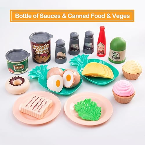 Miniatura 6 de Juego de cocina de 80 piezas para niños pequeños, juego de utensilios de cocina para niños con ollassartenesalimentosfrutasverdurasmanta de