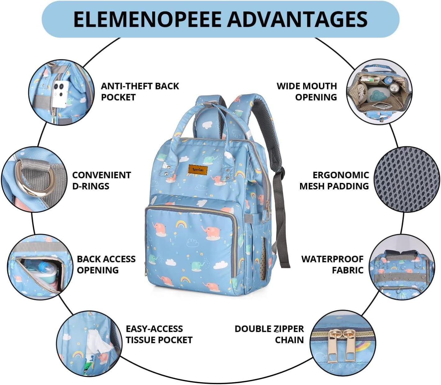 LAEE CUTE Diaper Bag for New Born Baby/Maternity Bags for Mother with Multi Compartments, Insulated Bottle Pockets (BLUE ELEPHANT UNICORN PRINT) 2
