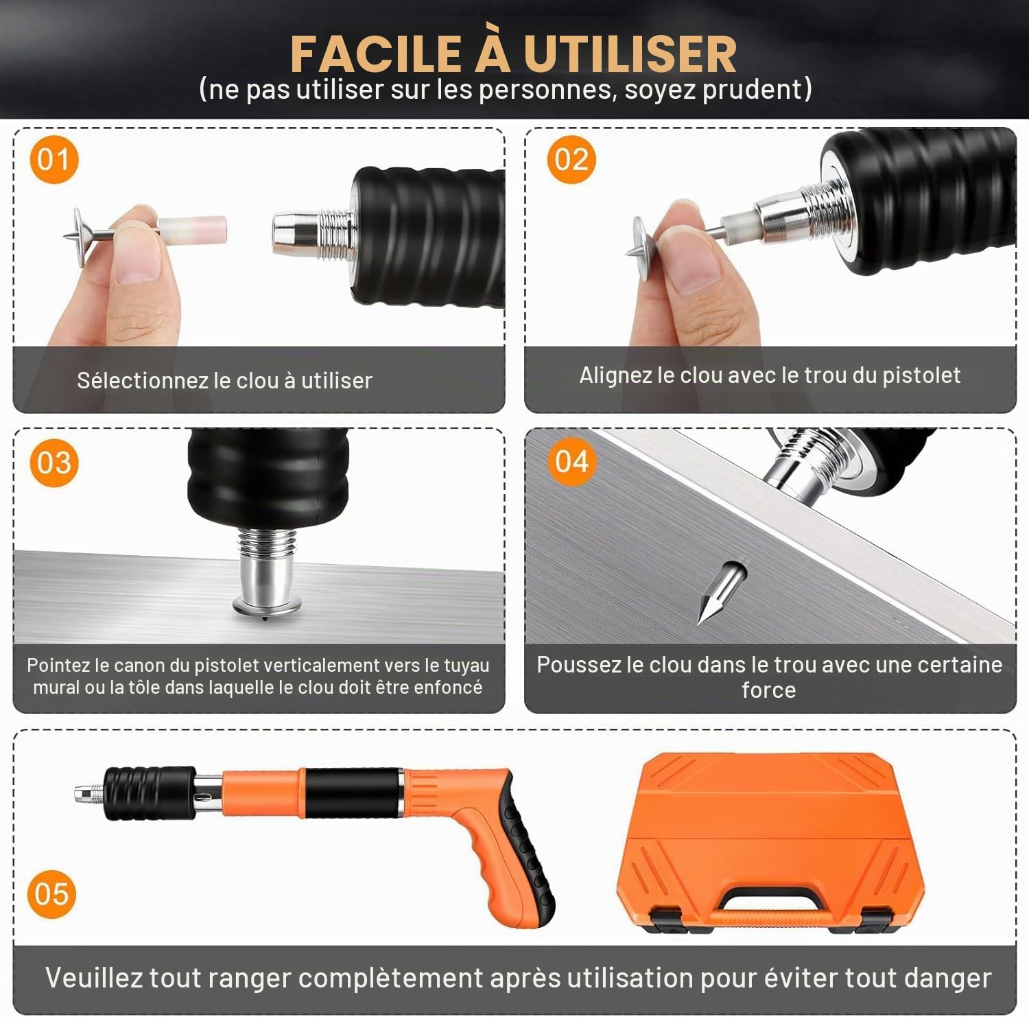 Cloueur Béton,Cloueuse Rivet Gun,Pistolet à Clous Manuel avec 5 Niveaux de Réglable,Kit pour Ongles en Béton,Pistolet à Ongles Portable avec 200 Clous Ronds,pour Murs en Béton (Orange)