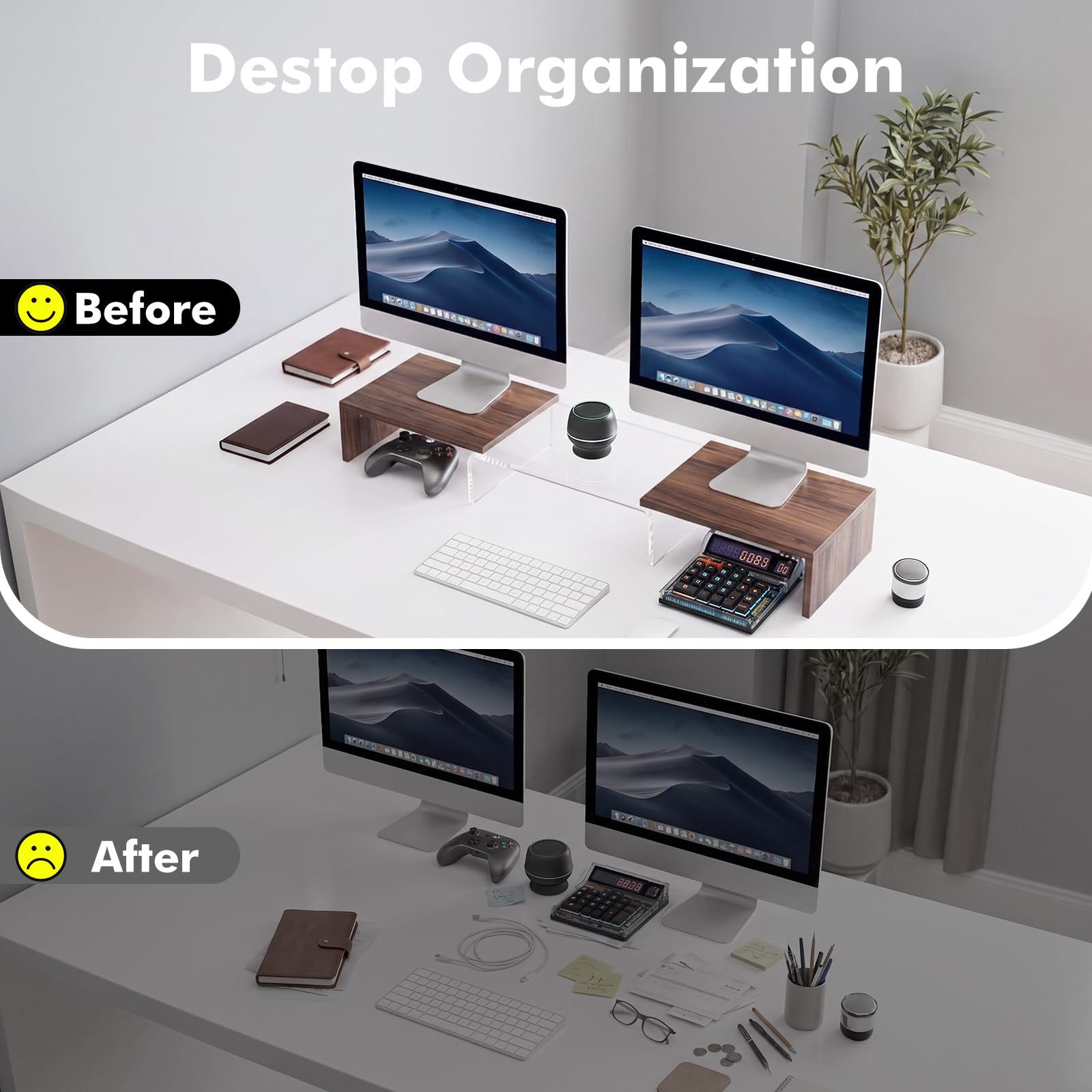 Rehausseur Ecran Pc Bureau pour 2 Ecrans Support Ecran Pc avec Pont Central en Acrylique Organisateur de Bureau avec Rangement Clavier Compact Support Bureau Style Chaleureux pour Teletravail Noyer