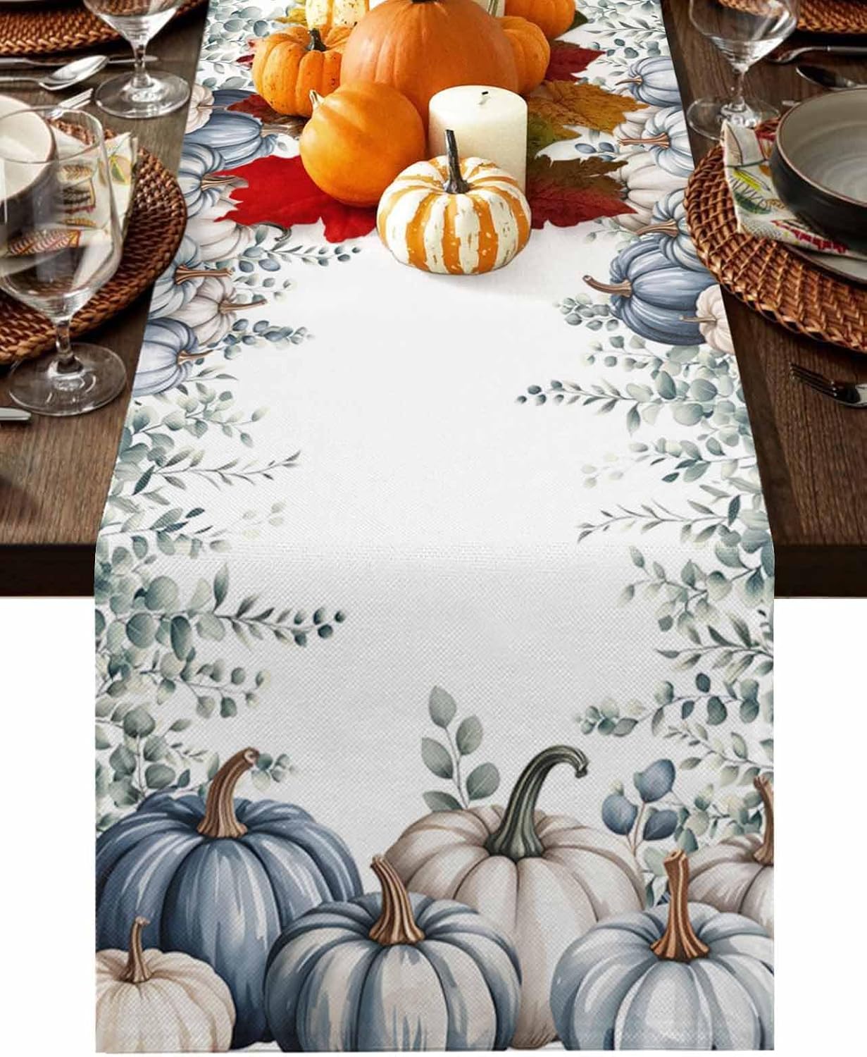 Blue Pumpkins Fall Table Runner 120 Inches Long, Thanksgiving Farmhouse Dress Scarves, Vintage Eucalyptus Leaves Dining Tablerunner for Coffee Table/Kitchen Island/Party Décor, 13" x 120"