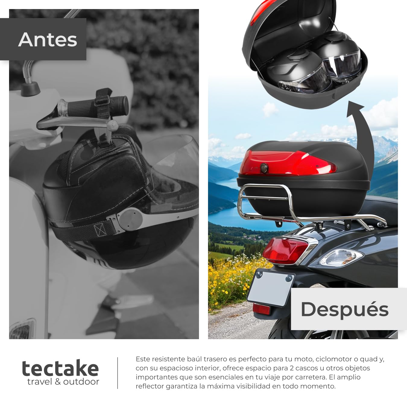 tectake® Baul para Moto con Cierre Seguro, Maleta Trasera con Reflector, Accesorio Resistente para Guardar tu Casco Moto Hombre - 58 x 43 x 32 cm para 2 Cascos