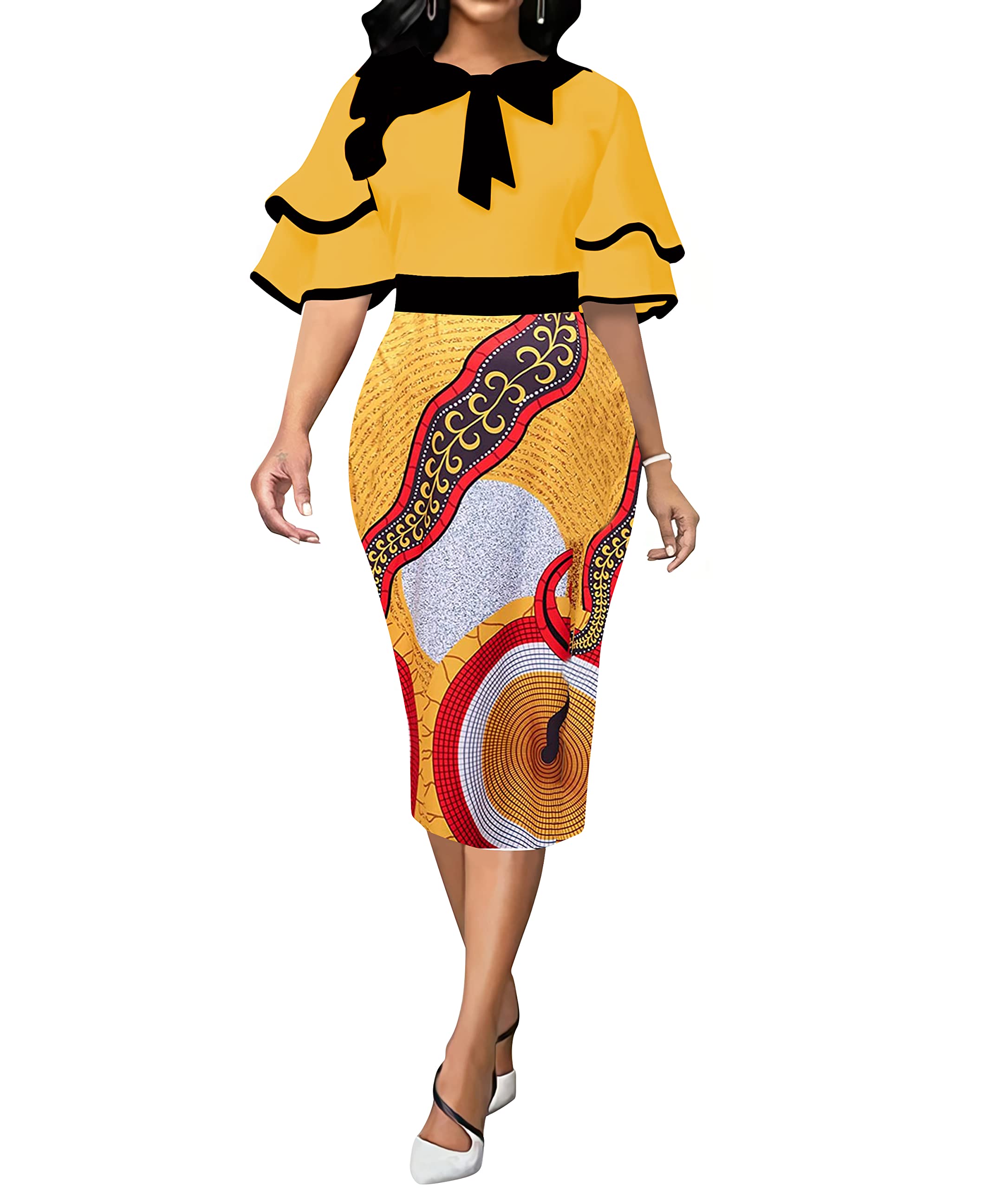 2XL BOGURST Women Dress for Work 2024 Business Pencil Dresses Elegant Fitted Ruffle Sleeves Dress