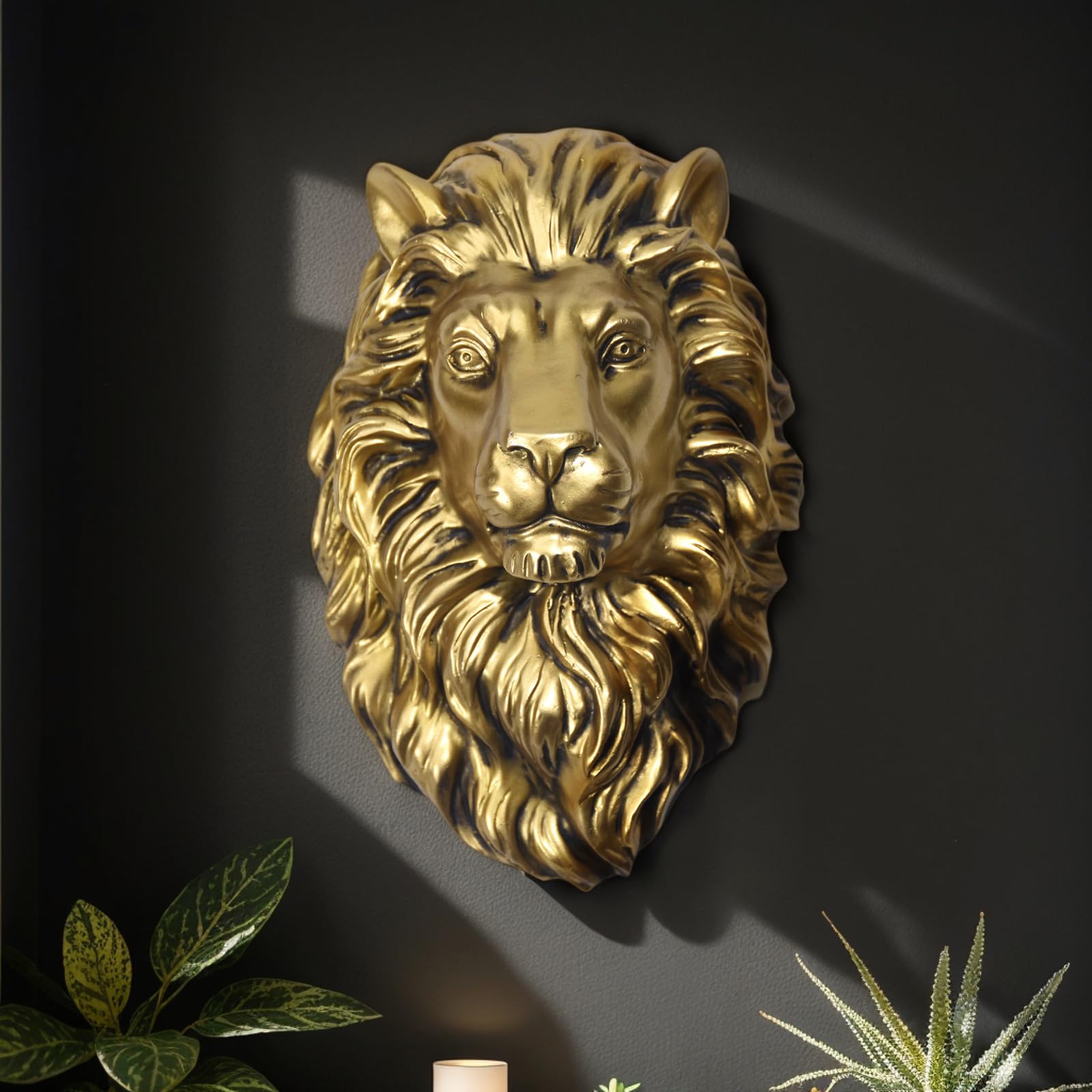 LUOWENXIANG Gold Wall Decor Wall Sculptures Animal Head Bedroom Art Resin Vintage Living Room Office Lion Wall Decor Gifts for Men 4.5x2.5x6.5 Inch