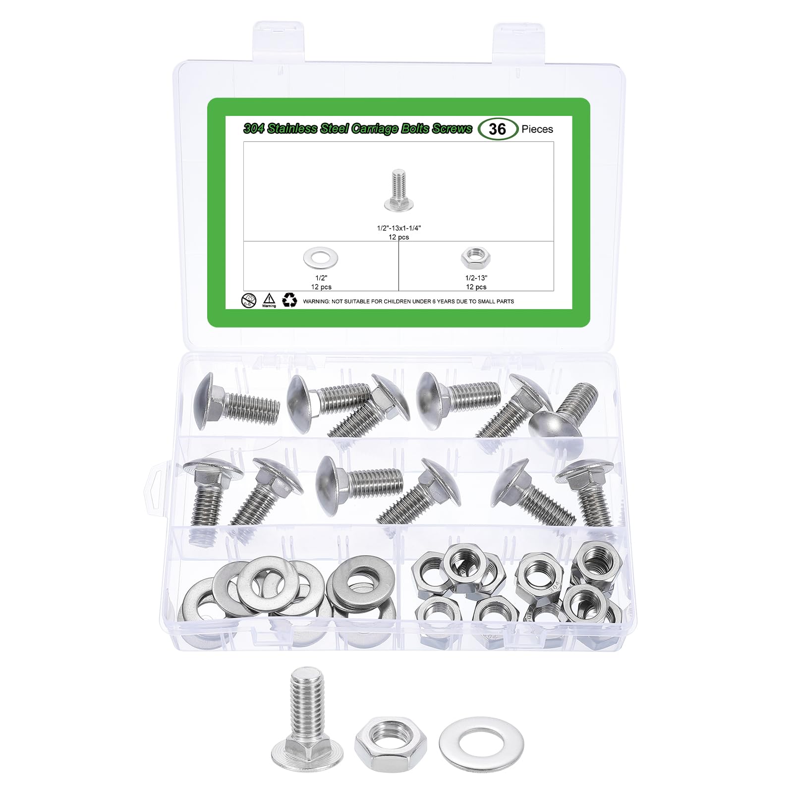 Pernos de carruaje 1/2"-13x1-1/4", tornillos de carro con tuercas y arandelas planas, 12uds 7