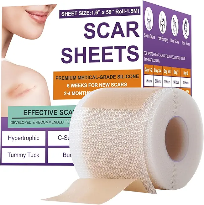 Silicone Scar Sheets,Silicone Scar Tape,Silicone Scar Removal Strips for Surgical,C-Section,Tummy Tuck,Keloid Scars (1.6&quot;X 59&quot; Roll-1.5M) Keloid Bump Removal