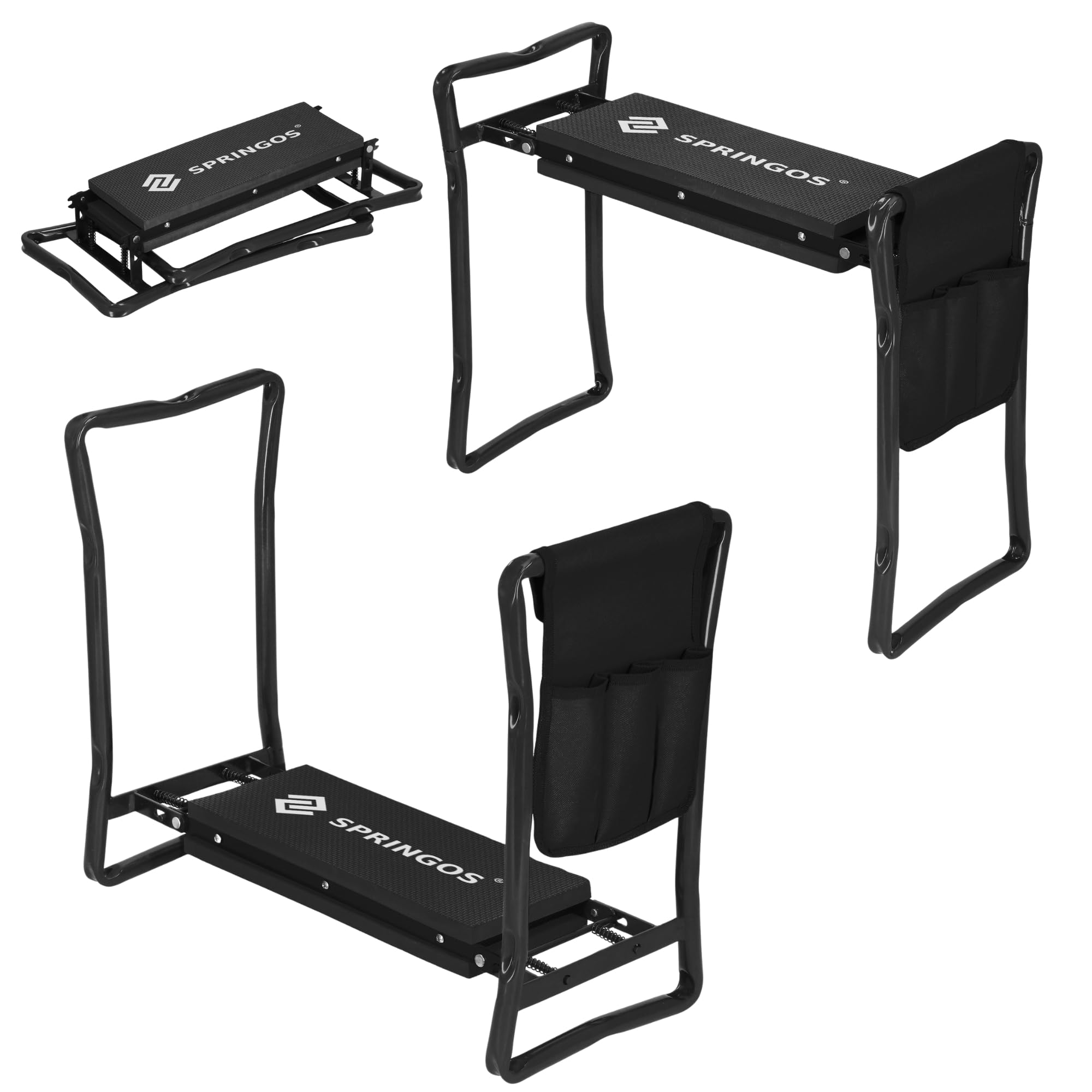 SPRINGOS Tabouret de jardin pliable 3 en 1 - Repose-genoux et tabouret avec sac à outils - Support ergonomique pour le jardinage - Stable et résistant aux intempéries - Noir