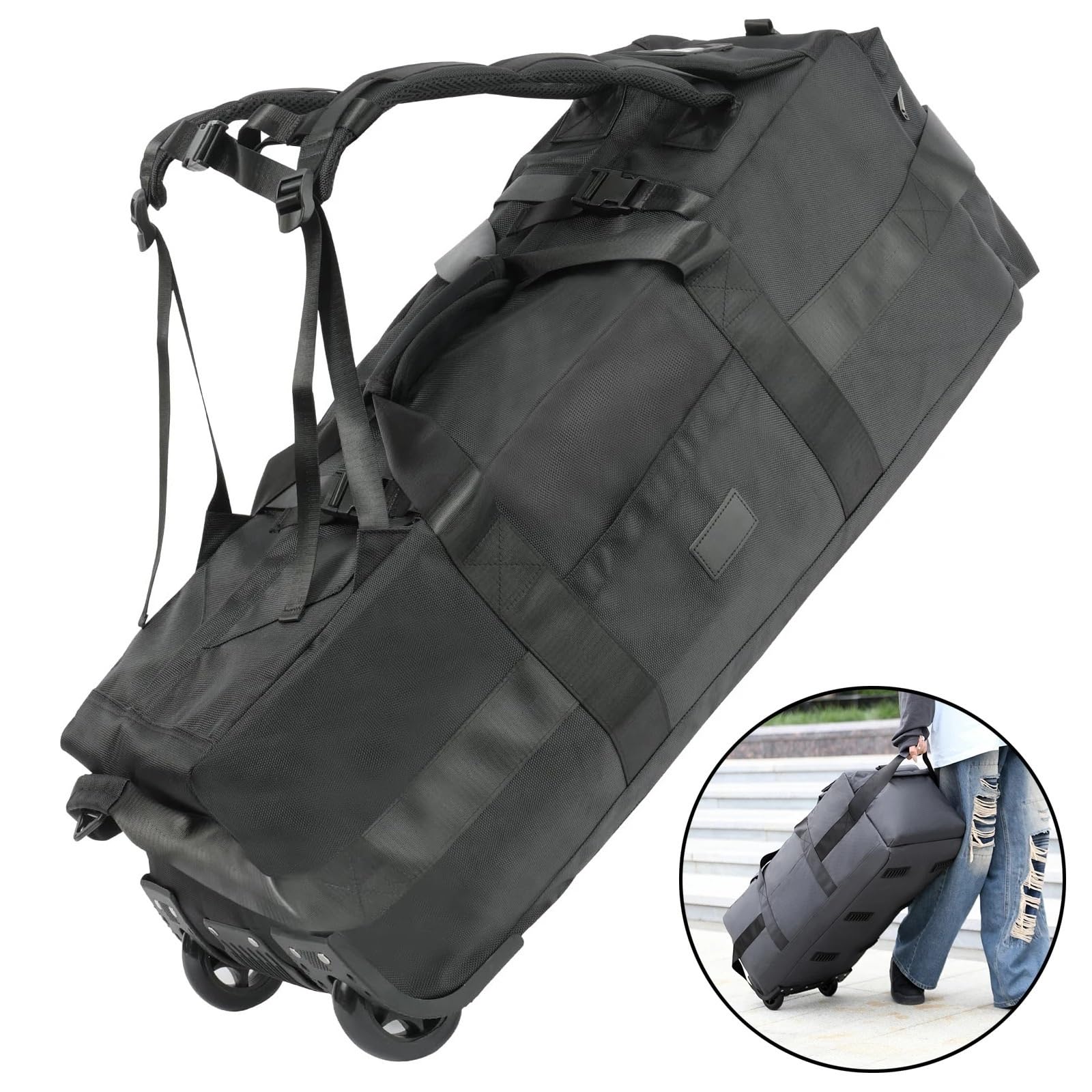 Borsone con Ruote Borsone da viaggio pieghevole 80 litri con ruote, resistente all'acqua, 31", tracolla(Black)