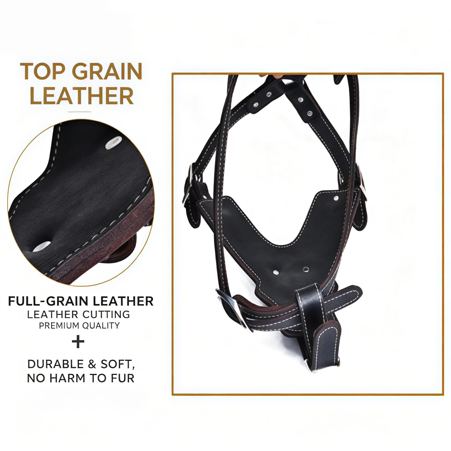 Arnés para Perro de Alta Resistencia Sin Tirones para Perros Grandes Arnés Ajustable de Chaleco Acolchado de Cuero Suave con Asa y 2 Anillas de Metal para Razas Gigantes,Latón,XL