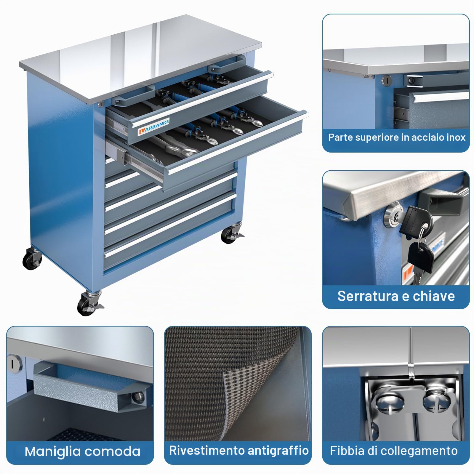 LARBANKE Carrello Portautensili con 7 Cassetti,Carrello de Officina con ruote a 360°, Armadio Portautensili con piano di lavoro in acciaio inox, Porta Attrezzi Officina con sistema di bloccaggio
