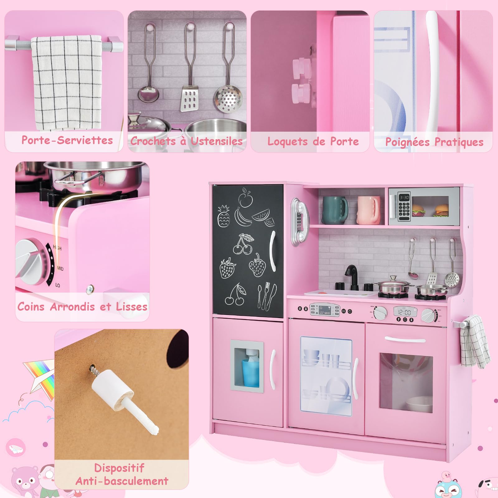 GOPLUS Cuisine en Bois Enfant avec Effet Sonore, Jouet de Cuisine Enfantavec Tableau Noir et 6 Compartiments de Rangement, Télephone, Accessoires Riches, pour Garçon Filles 3-6 Ans (Rose)