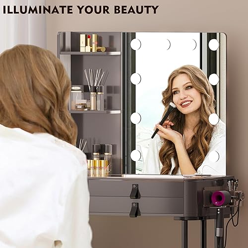 Miniatura 6 de Gurexl Juego de tocador de maquillaje con espejo, tocador de maquillaje moderno con parte superior de vidrio y 10 bombillas, juego de tocador con