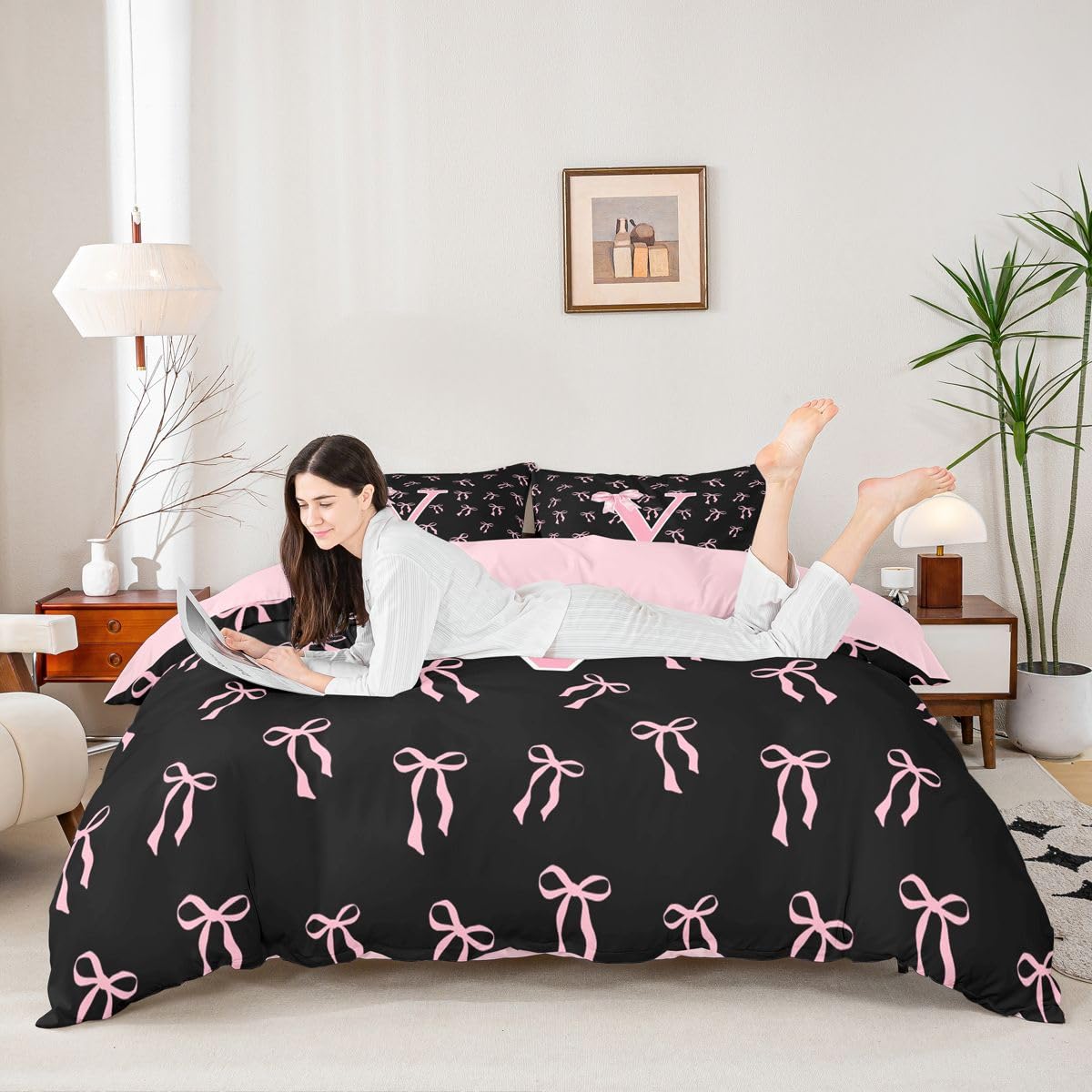Homewish Dzieci urocza księżniczka król poszewka na kołdrę różowa wstążka kokarda zestaw pościeli akwarela kokarda monogram V poszewka na kołdrę czarna estetyczna motyl węzeł zestawy łóżek