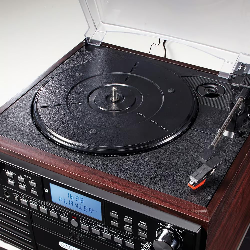EUROtops Impianto musicale DAB+ con masterizzatore CD, giradischi e cassette | Bluetooth, registrazione USB, impianto compatto con 2 unità CD, impianto stereo, telecomando, grande display, impianto Hi-Fi