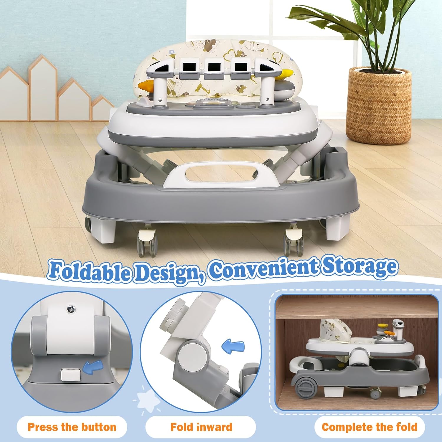 Baby Walker with Wheels, 4 in 1 Foldable Baby Walkers for Boys Girls 6-18 Months, 3 Level Height Adjustment with Bouncing, Feeding Tray & Music, Baby Walker with Activity Center, Toddler Push Walker