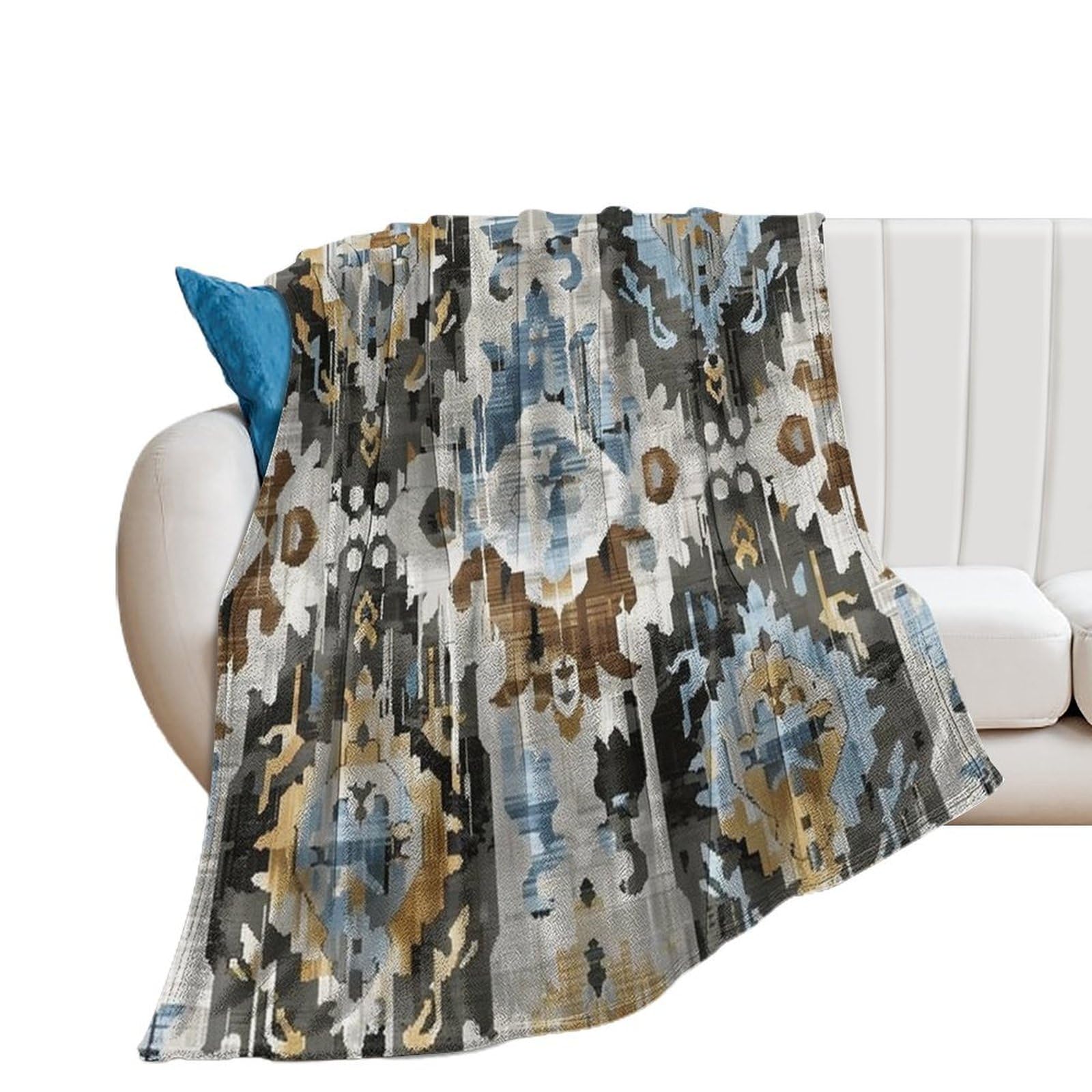 DreamAutumn Blue Gray Abstract Ikat Blankets And Throws, Thicken Office Nap Throw Blankets for Man Women, Fluffy Lightweight Plush Super Soft Warm Flannel Blanket for Couch Bed Sofa Chair 70x80in