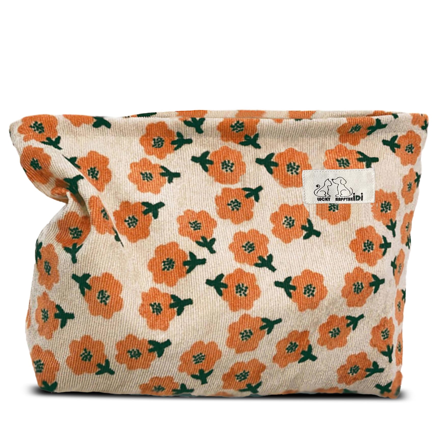 HAPPYHEIDI Women Floral Corduroy Makeup Bag Travel Cosmetic Canvas Pouch Purse Organizer, Cute Beige Flowers