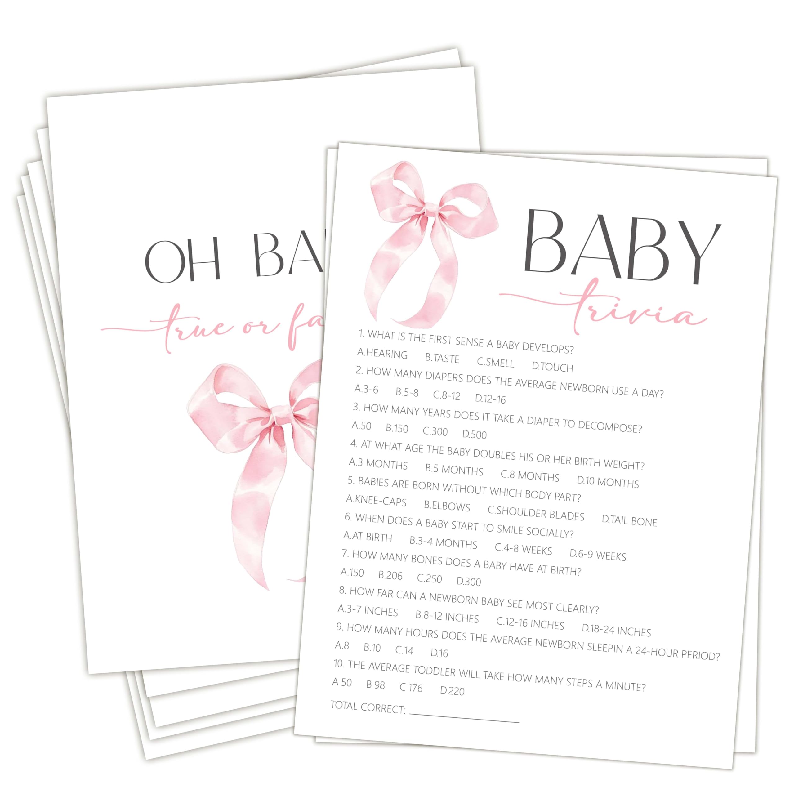 Pink Bow Baby Shower Games dla dziewczyn, Baby Trivia Game, 5"x7-25 szt.-B04