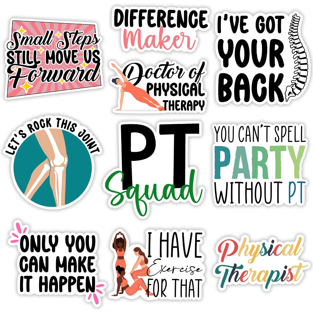 MAIANEY (3x3 in) Funny Physical Therapy Stickers Pack 10 Waterproof Vinyl PT Decals for Laptops, Water Bottles, Notebooks – Motivational Quotes for Physical Therapists &amp; Students
