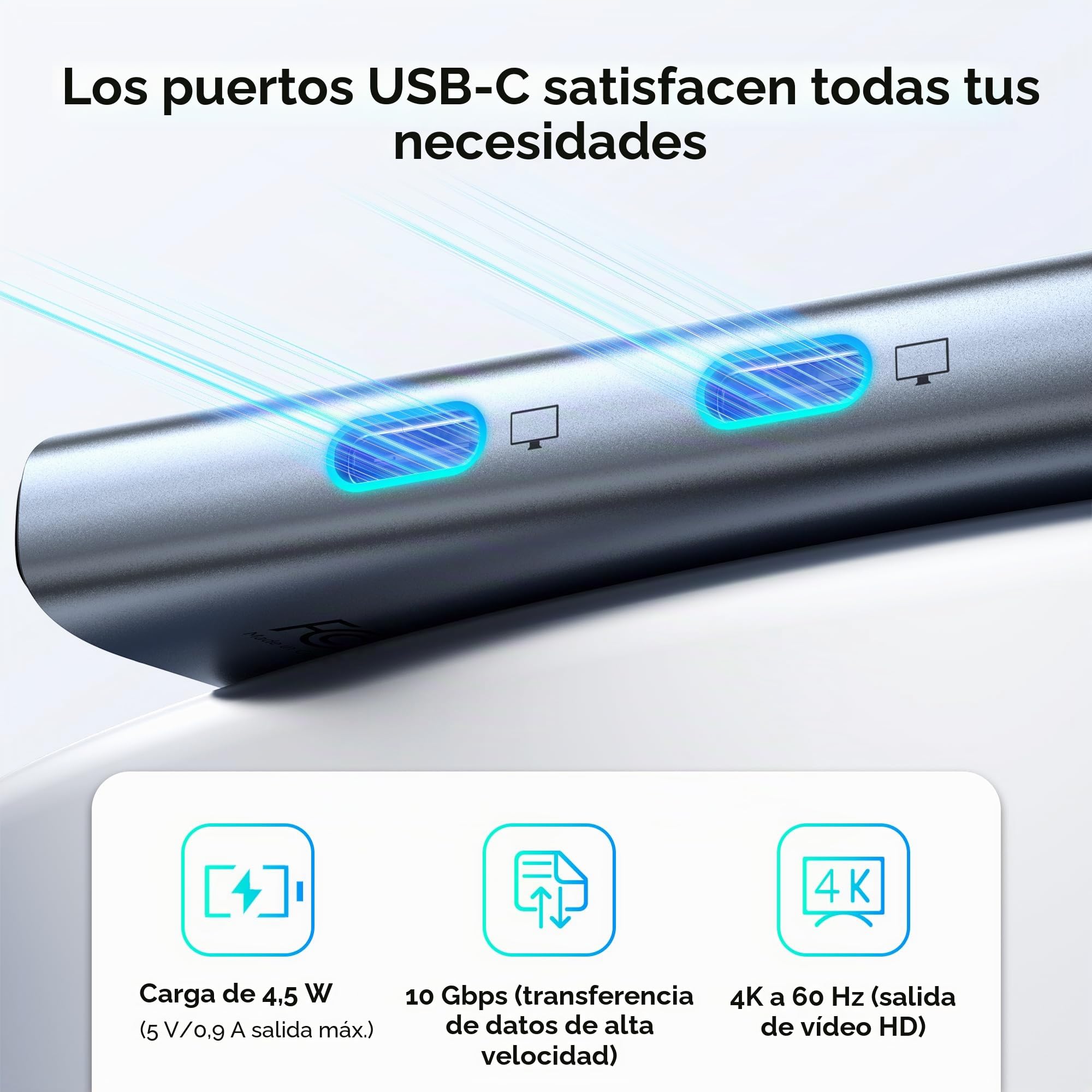 USB C Hub multipuerto, adaptador tipo C 5-en-1 MOKiN con doble salida de vídeo 4K@60Hz, carga rápida PD 100W, USB-C 3.1 10Gbps, distribuidor USBC para Windows