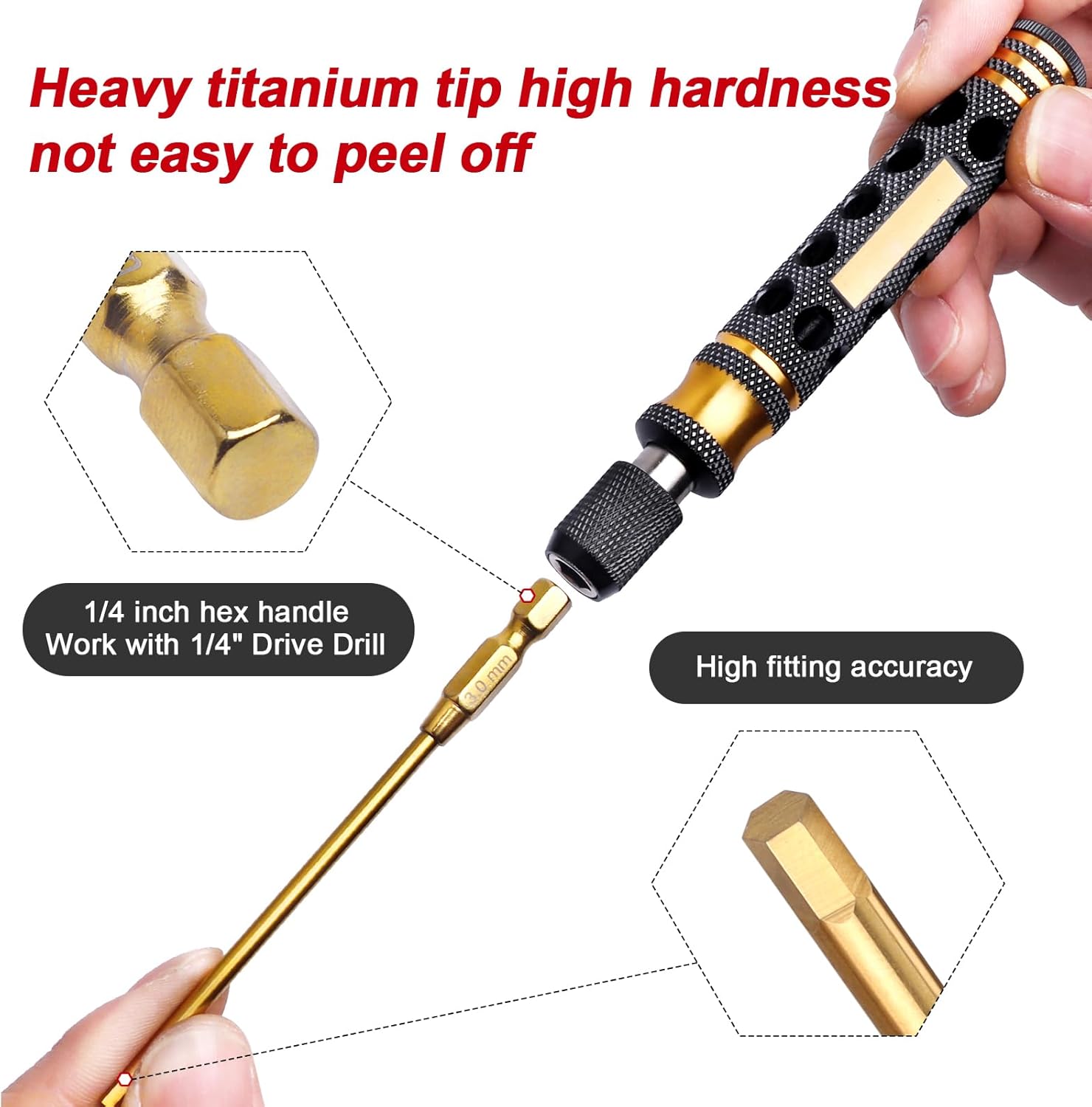 1/4" Drivers 1.27mm(0.05") 1.5mm 2mm 2.5mm 3mm Titanium RC Hex Driver Bit Set Quick Change Allen Key Wrench Combo for Electric Screwdrivers/Power Drill Fit Traxxas Axial RC Cars Repairing