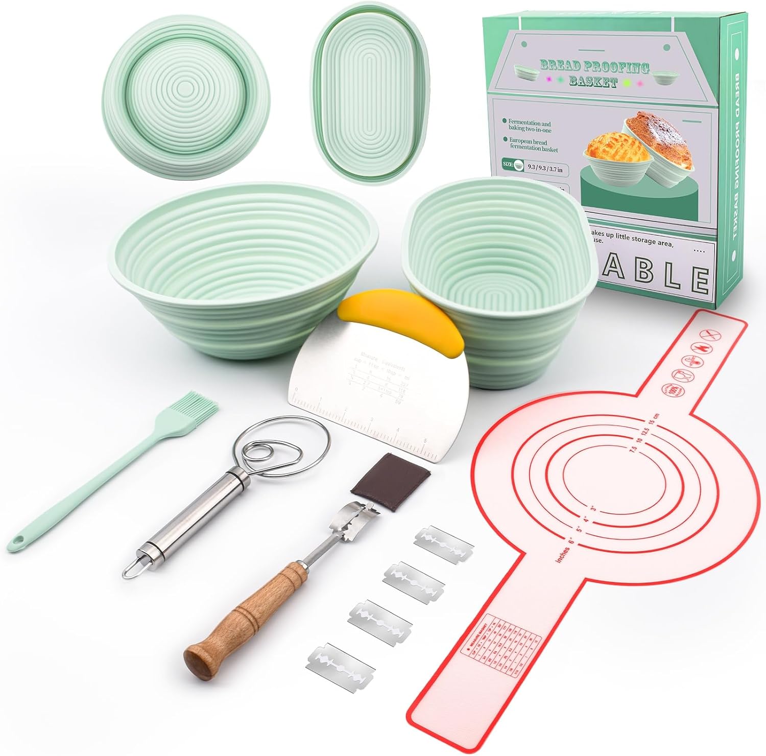 Silicone Banneton Bread Proofing Basket Oval, Sourdough Starter Kit, Bread Making Tool Supplies Accessories, Bowl for Rising Baking Round Brotform Set Homemade Essentials (Light Green)