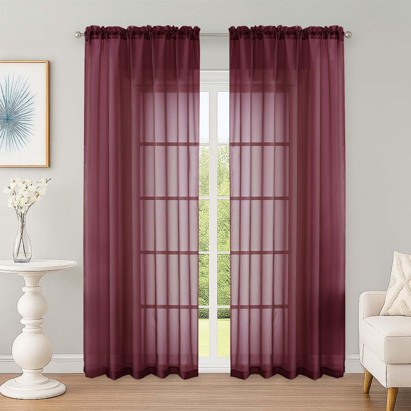 OWENIE Sheer Curtains 84 Inches Long 2 Panels Set, Burgundy Sheer Curtain for Living Room Bedroom, Modern Filmy Rod Pocket Curtains Drapes, 2 Pcs, Each 59 W x 84L, Burgundy