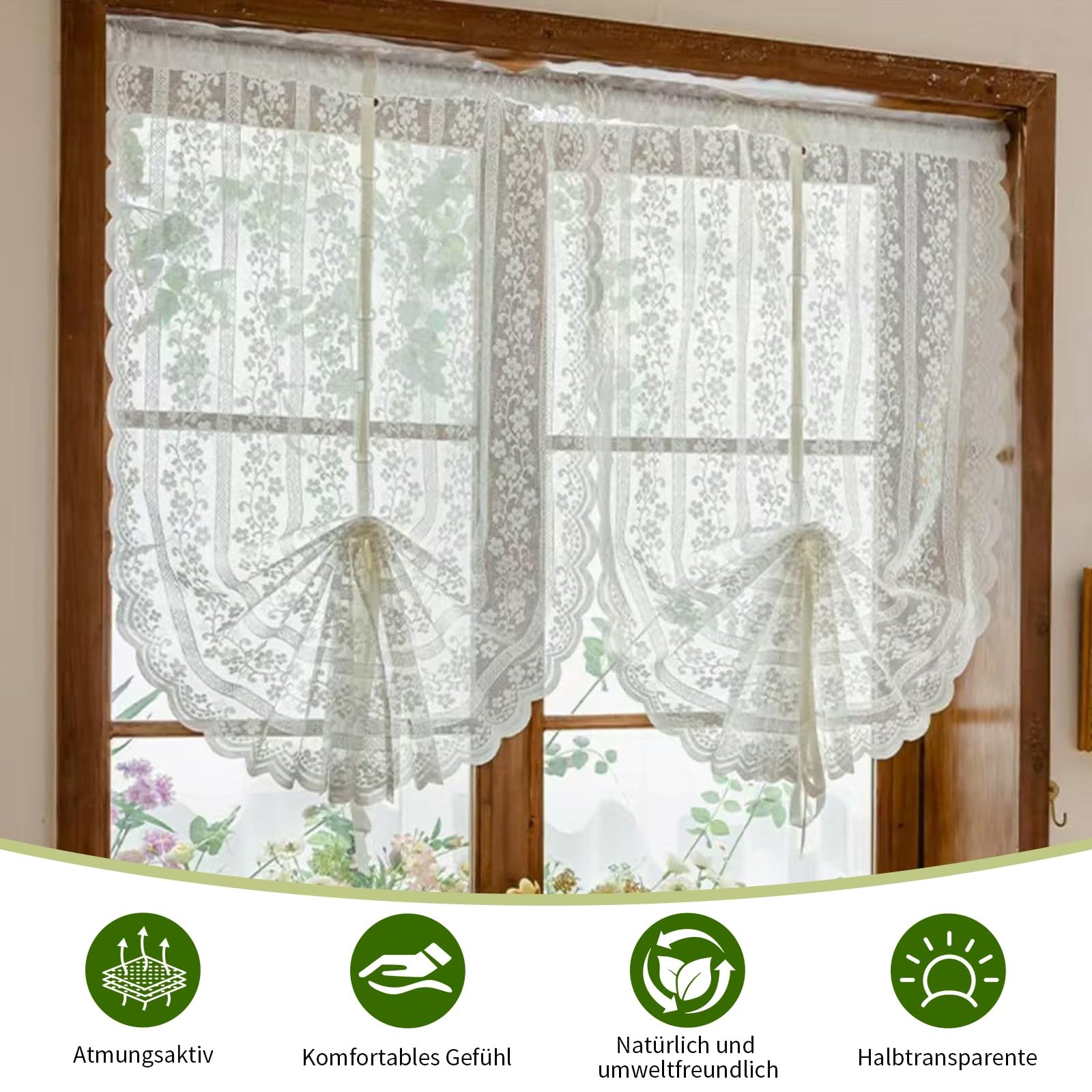 2er Gardine Scheibengardinen Voile Vorhang Gardine Transparente Spitze Blumenstickerei Kurzvorhang Kurzgardinen Küchengardine Küche Vorhang Fenster Kurz Stores Bistrogardine H150xB60cm, Weiß