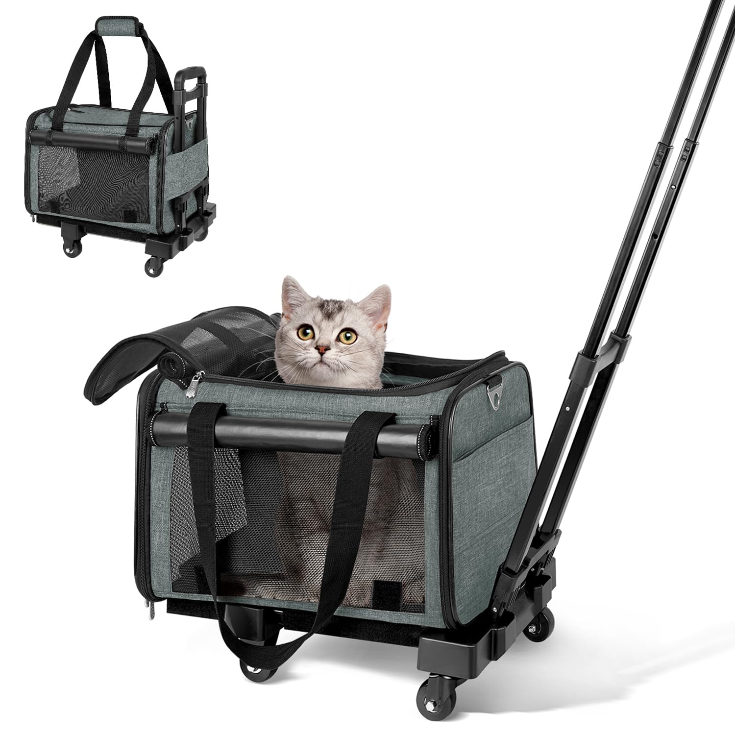 YUDODO 90°/ 45°Lightproof Pet Cat Carrier with Wheels Removable Rolling Pet Carrier with Telescopic Handle Airline Approved Dog Carrier (Front Universal Wheels + Rear Fixed Caster Wheels) Gray-Green