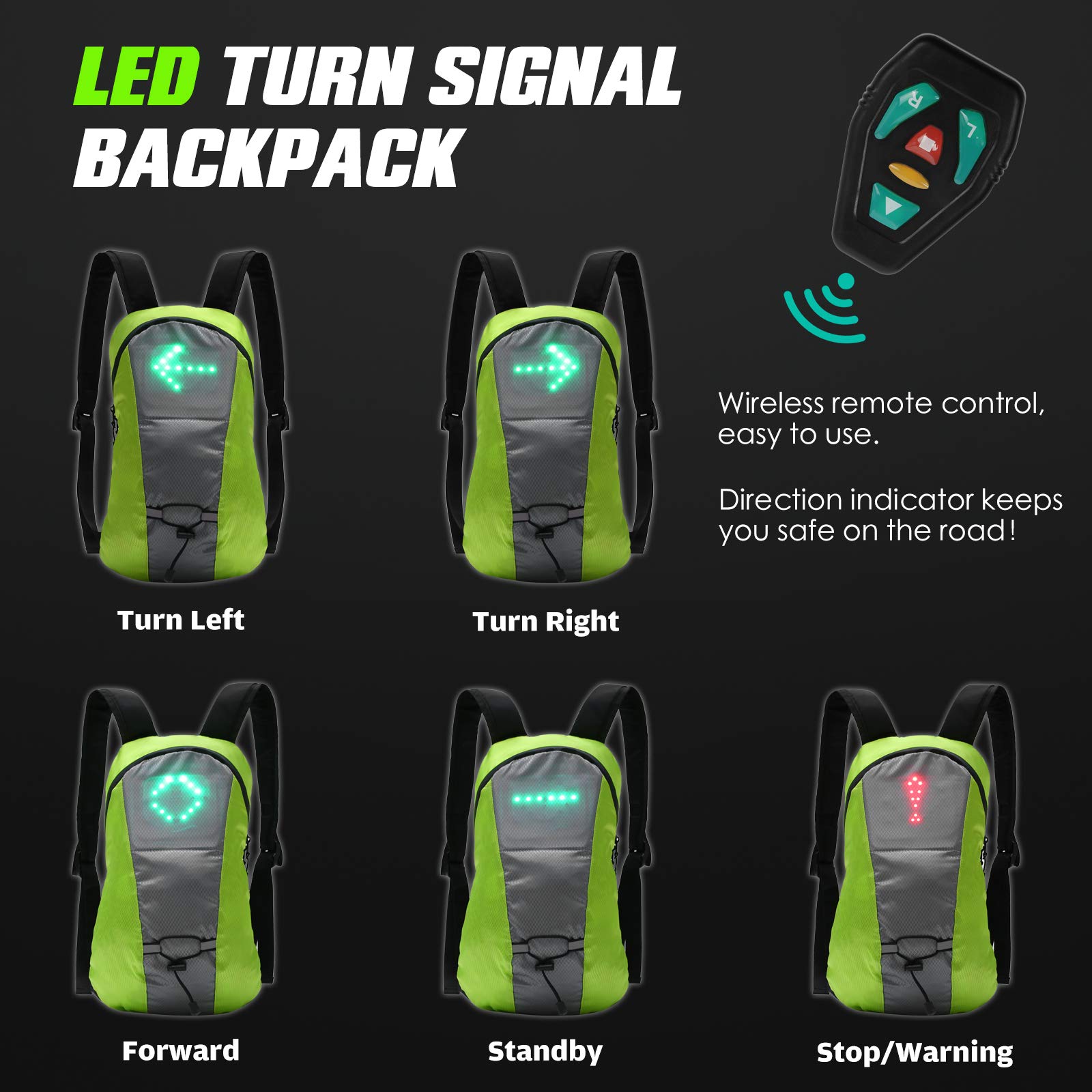 LIXADA Sac À Dos Réfléchissant Léger USB Rechargeable Indicateur de Direction du Signal Lumineux sans Fil à Del pour Cyclisme Courir Marche Jogging (Gris)