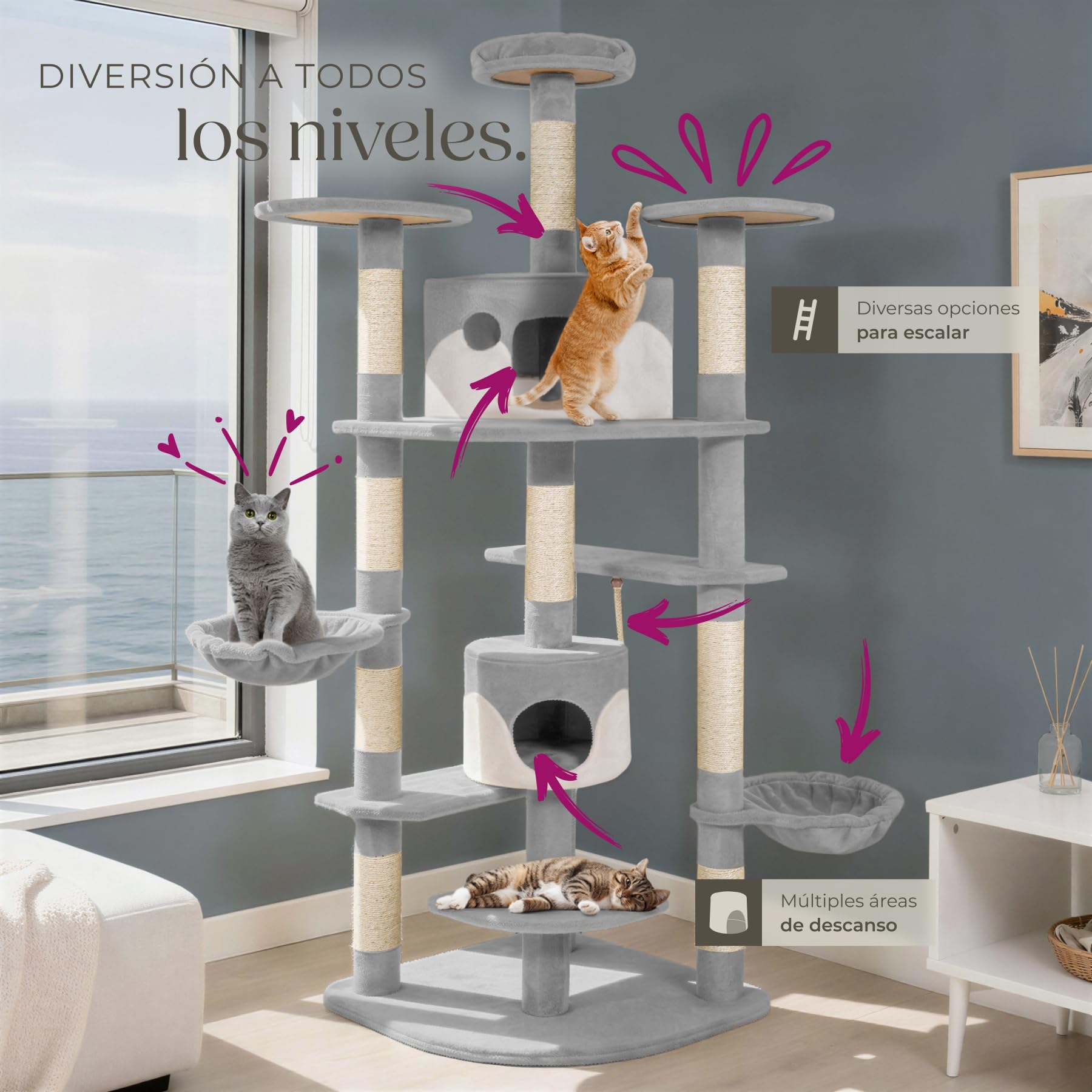 tectake® Rascador Árbol para Gatos 4 Plataformas, 2 Casetas, Varias Alturas, 2 Nidos Basculantes, Rascador para Gatos Grandes, Árbol Rascador para Gato, Casa para Gato - 201 cm Gris/Blanco