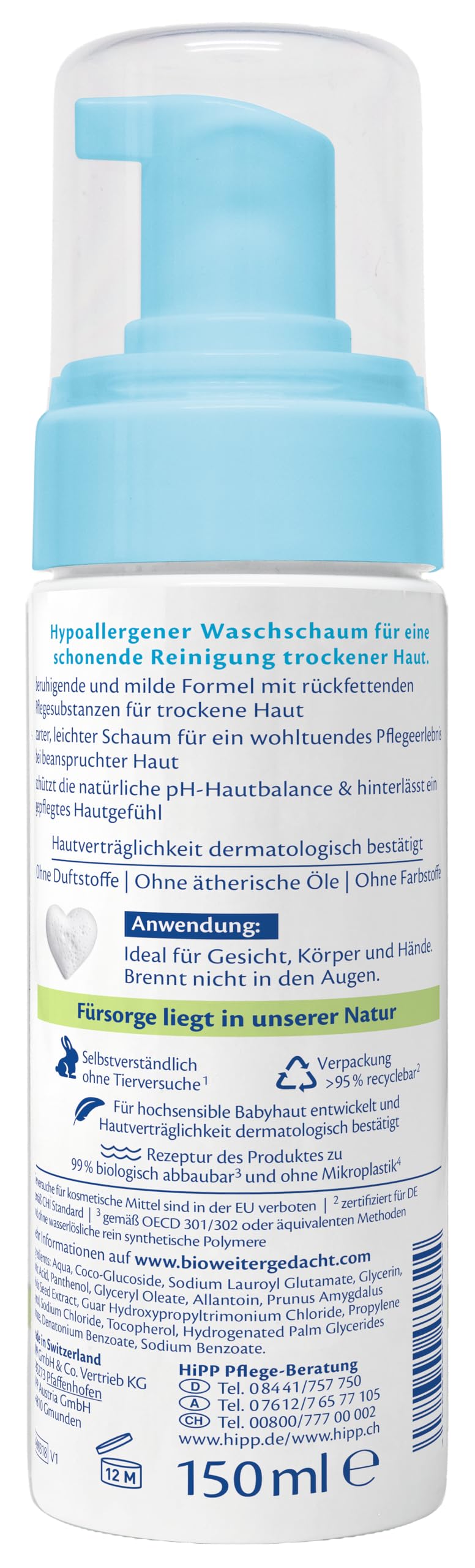 HiPP Schaumdusche Hochverträglich für Trockene Haut, Hypoallergen, Parfumfrei, mit Panthenol und Bio-Mandelextrakt, 150ml - 3