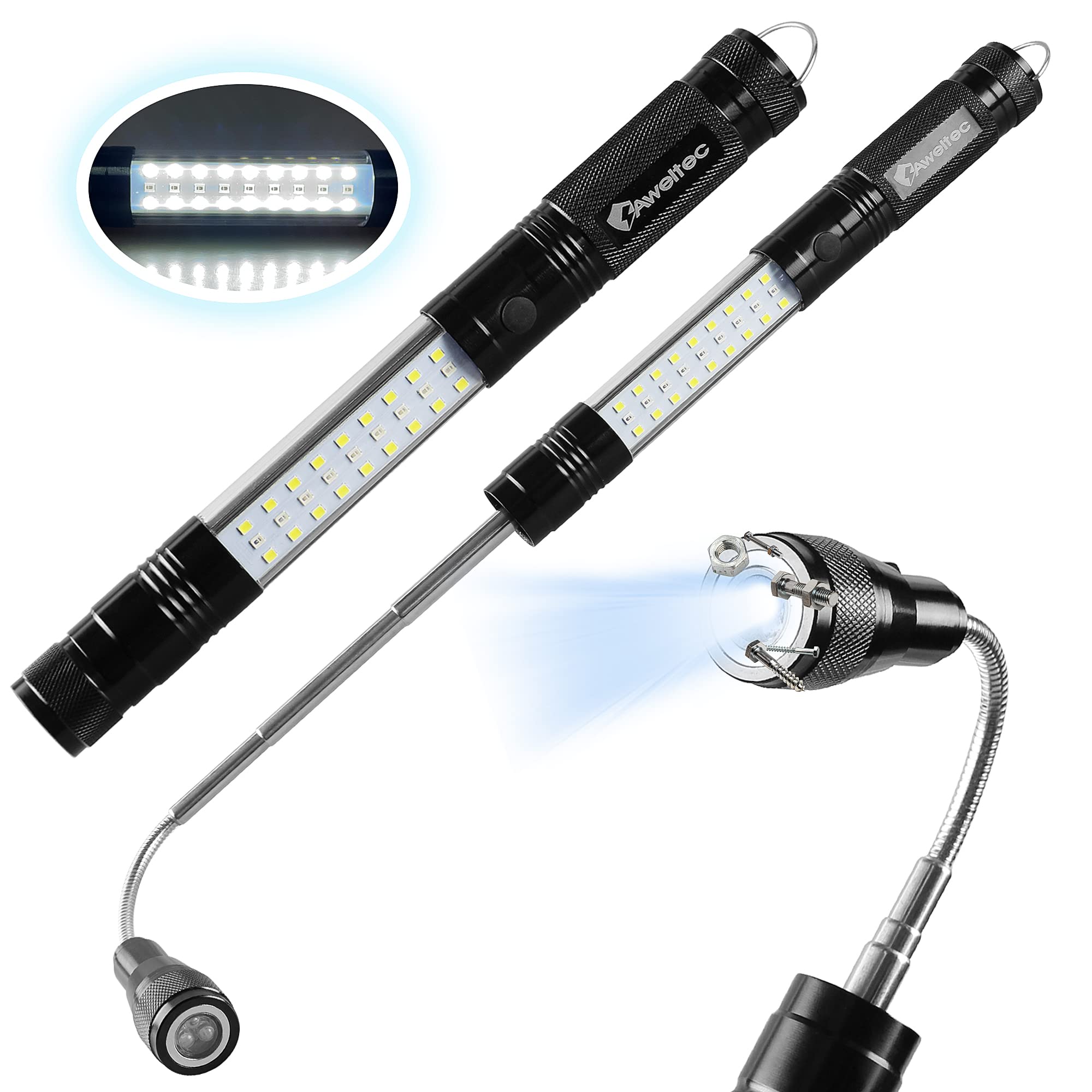 AWELTEC LED Work Light with Magnetic Pickup Tool, Telescoping Flexible Extendable Led Flashlights up to 25.4" for Hard to Reach Area - Multifunctional Cool Gadget Gifts for Dad, Husband, Handymen