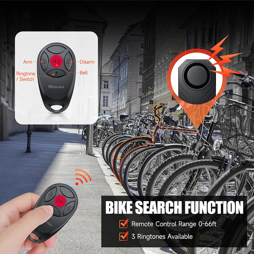 WSDCAM Allarme per bici aggiornato con telecomando, allarme di sicurezza antifurto forte da 113 dB, raggio di 60 m, impermeabile IP65, ricaricabile USB-C, clacson e localizzatore per bici elettriche
