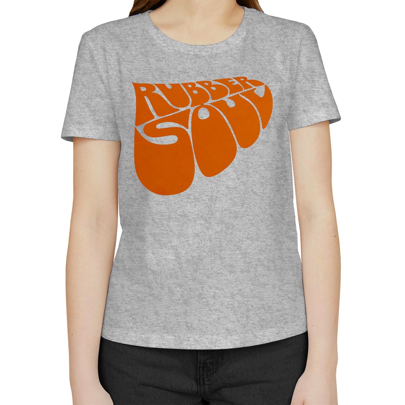 Moonai Rubber Soul Orange Logo T-Shirt Femme Classique Col Rond Manches Courtes - Les Beatles, Paul McCartney, John Lennon, RIngo Starr, George Harrison Moonai Rubber Soul Orange Logo T-Shirt Femme Classique Col Rond Manches Courtes