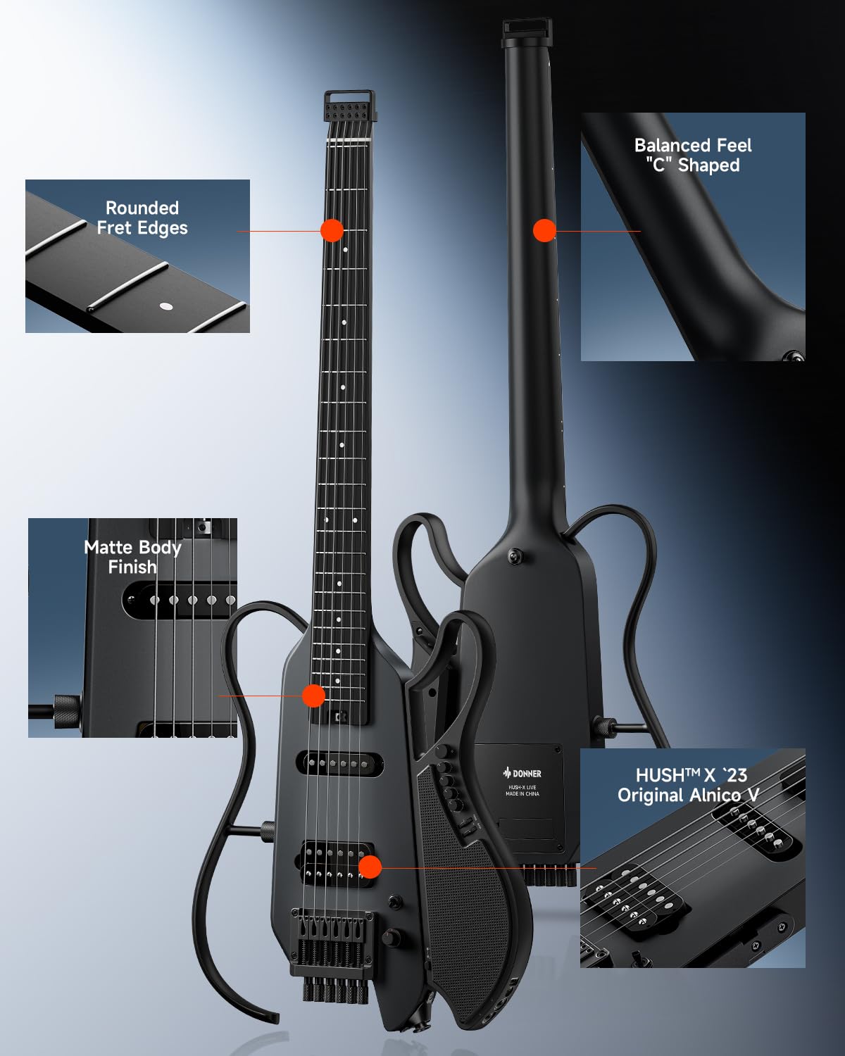 DONNER HUSH X LIVE Guitare électrique avec haut-parleur détachable, Noir