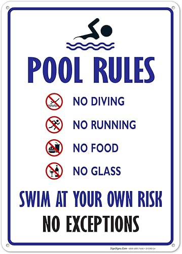 Señal para alberca - Señal con las reglas de la alberca - 14 x 10, azul, rojo, negro sobre aluminio blanco antióxido